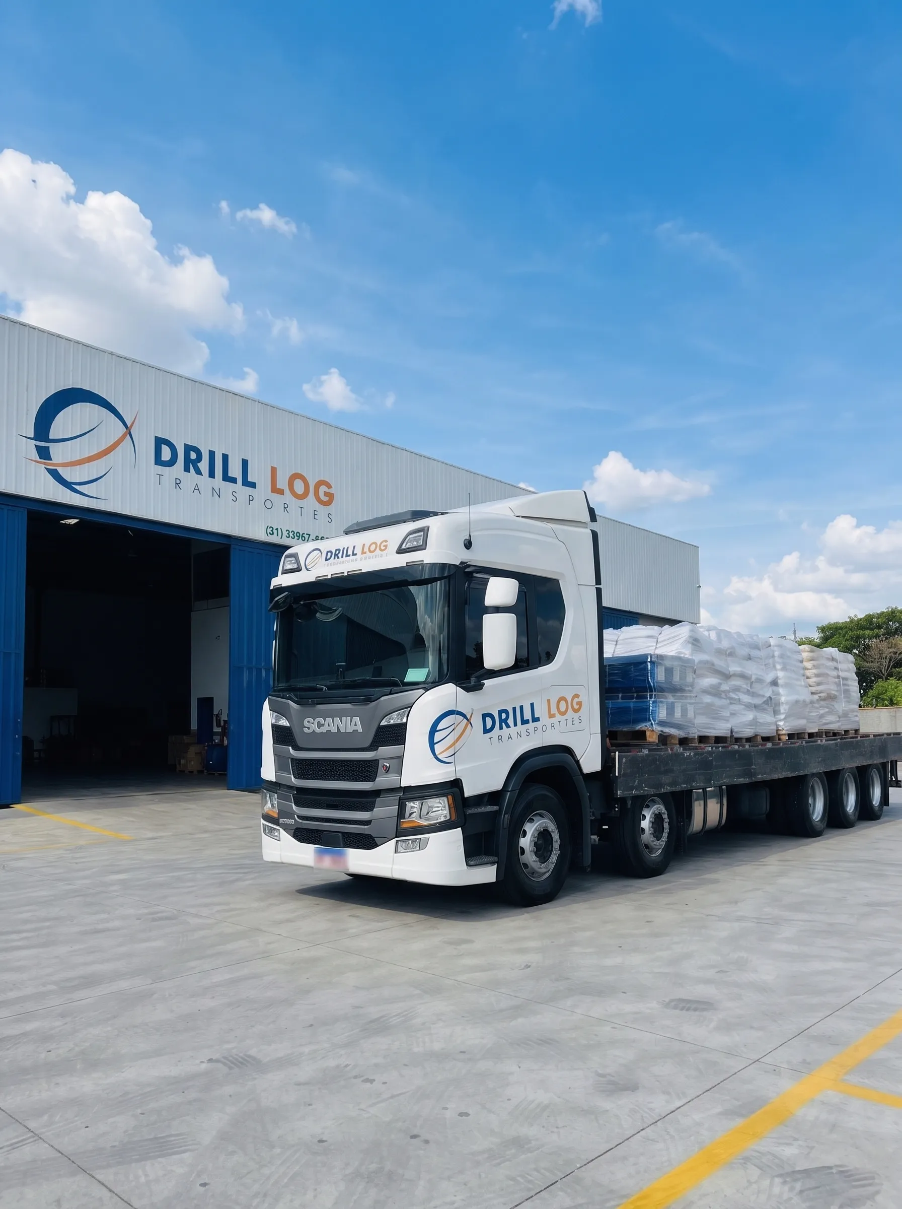 Caminhão da frota da Drill Log carregado, em frente ao galpão